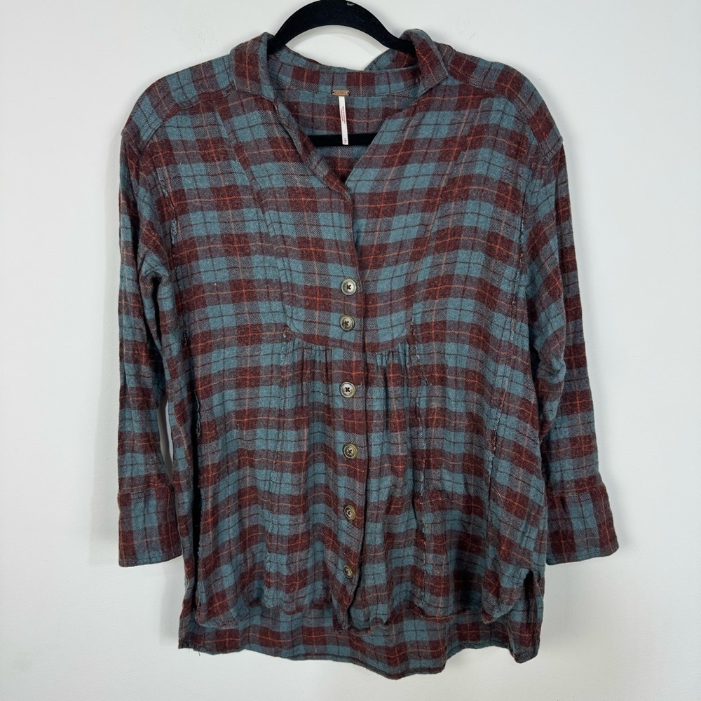 Free People Red & Blue Button Down Plaid Flannel Fall Winter Boho